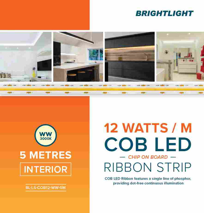 COB LED Ribbon 12W 24V 3000K Light Indoor Use Only 5m Pack