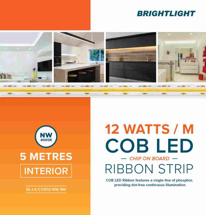 COB LED Ribbon 12W 24V 4000K Light Indoor Use Only 5m Pack