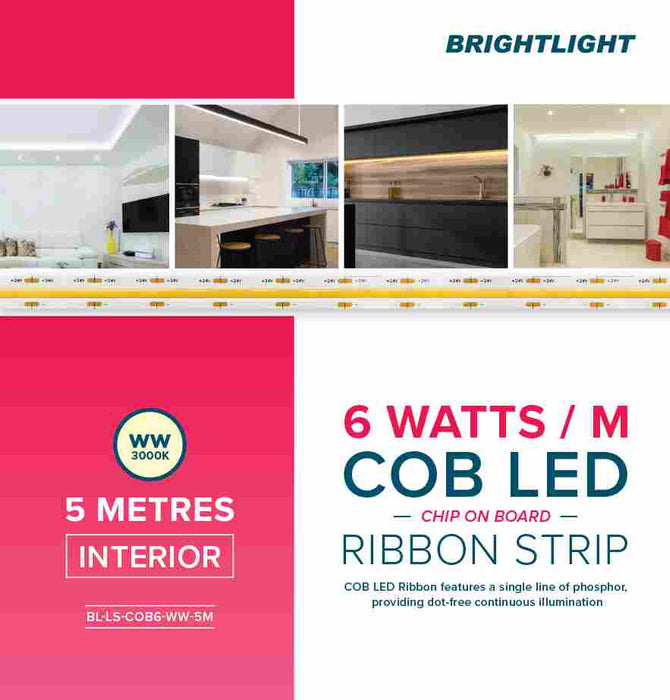 COB LED Ribbon 6W 24V 3000K Light Indoor Use Only 5m Pack