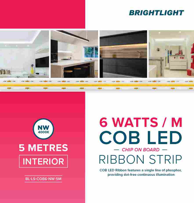 COB LED Ribbon 6W 24V 4000K Light Indoor Use Only 5m Pack