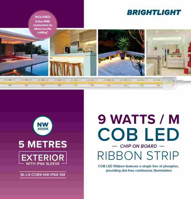 COB LED Ribbon 9W 24V 4000K Light IP66 5m Pack