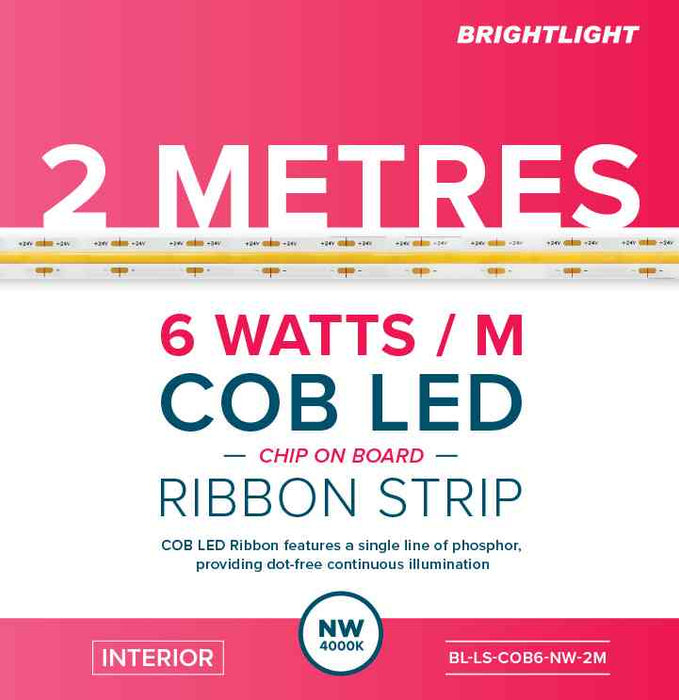 COB LED Ribbon 6W 24V 4000K Light Indoor Use Only 2m Pack