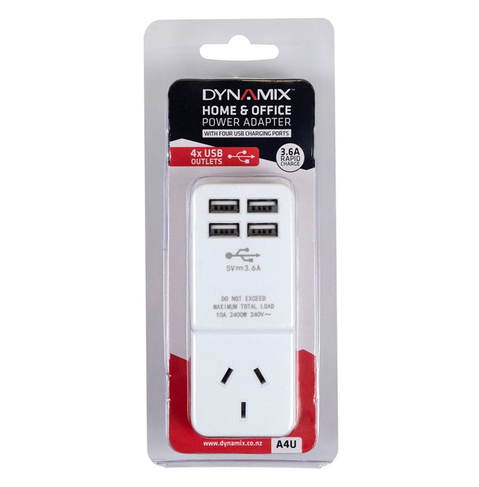 Dynamix USB Charger Plugin 2x USB O/Let 4Way Power Protected