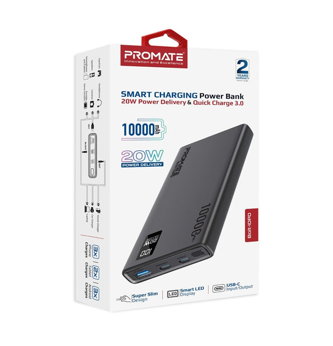 Promate Power Bank 10000mAh Smart Super Slim Black