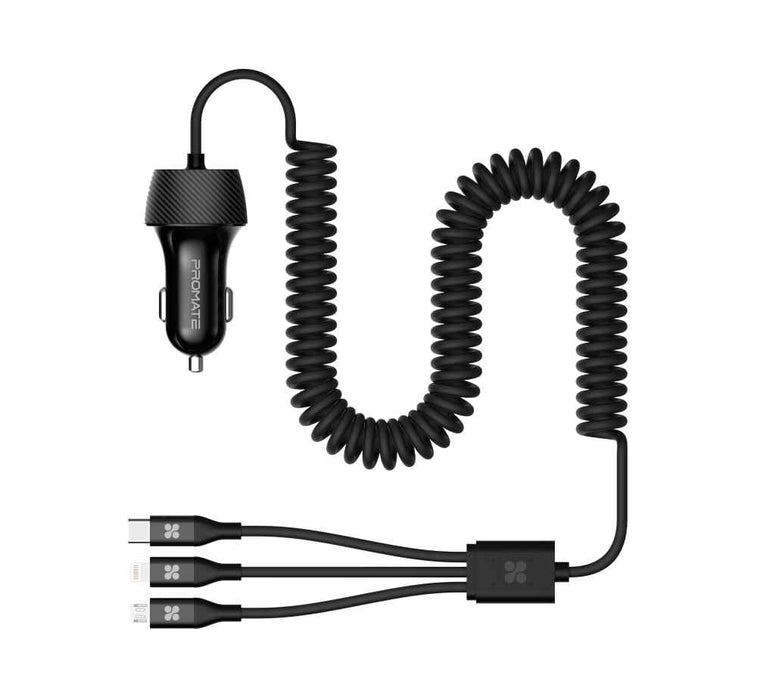 Promate Car Charger & Multiconnect USB-C Micro-USB Lightning
