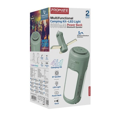 Promate 4-in-1 Camping Kit Lamp Torch Speaker Power Bank