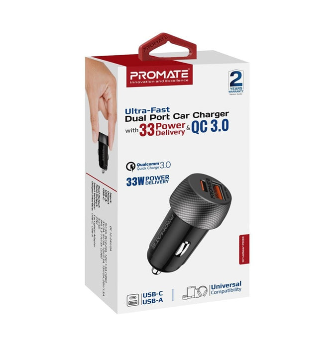 Promate Car Charger 33W Dual Port USB-A USB-C