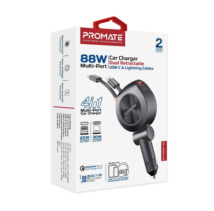 Promate Car Charger 20W USB-C Lightning Retract Cable Blk