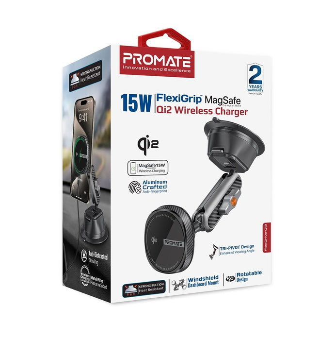 Promate Car Charger 15W FlexiGrip MagSafe Qi2 Wireless
