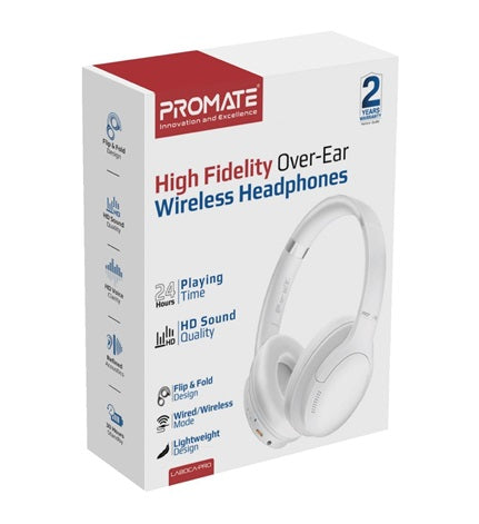Promate Headphones Bluetooth Hi-Fi Stereo Deep Base White