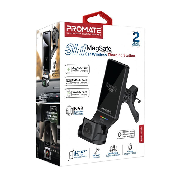 Promate Car Charger 15W Phone AirPod Watch Wireless