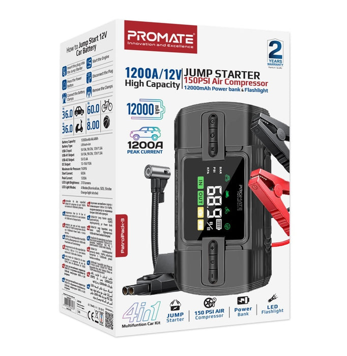 Promate Car Jump Start Kit 4in1 Compressor Torch Power Bank