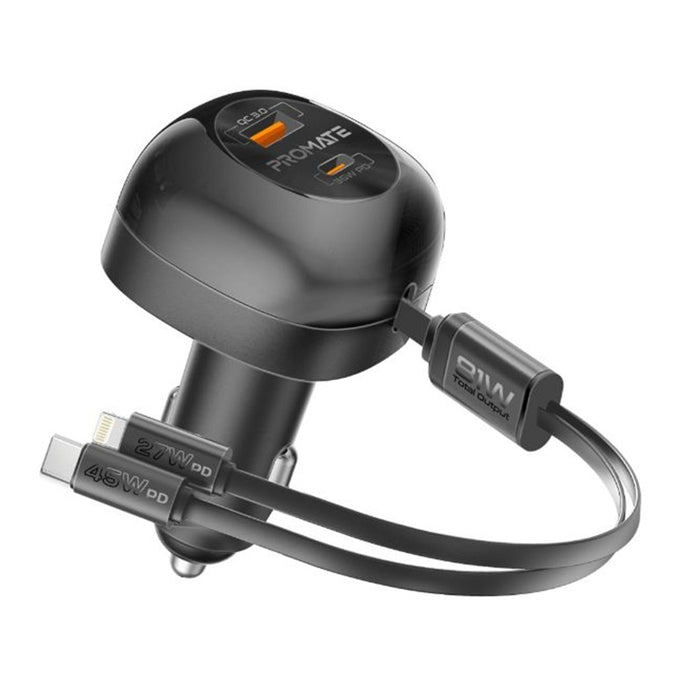 Promate Car Charger Multi-Port Phone USB-C Lightning Cable
