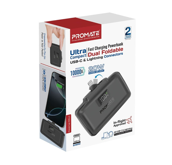 Promate Power Bank 10000mAh Fast USB-C & Lightning Connector