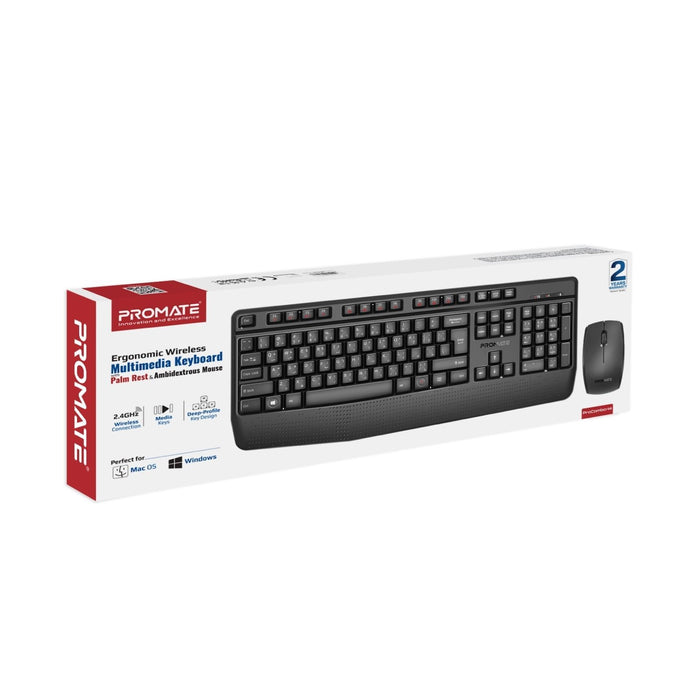 Promate Ergonomic Keyboard Wireless & Ambidextrous Mouse