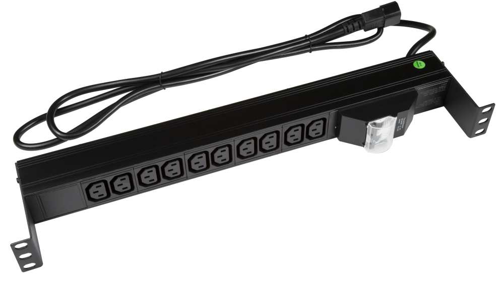 Power Rail Horiz 1RU 10x 10A IEC C13 Outlet MCB 2m C14 Cord