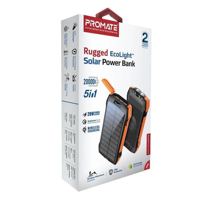 Promate Solar Power Bank 20000mAh EcoLight Wireless Charger
