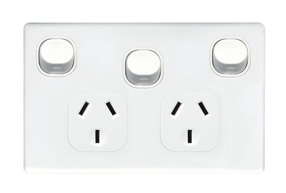 Slim Switch Socket Double 10A Horiz 1x Switch Bright Wh