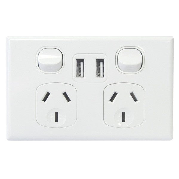 Switch Socket Double 10A Horizontal 2x USB Bright White