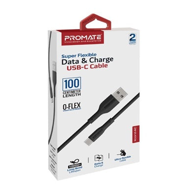 Promate USB-A to USB-C Data & Charge Cable Flex 1m Black