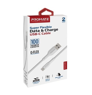 Promate USB-A to USB-C Data & Charge Cable Flex 1m White