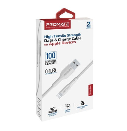 Promate USB-A to Lightning Data & Charge Cable Flex 1m White