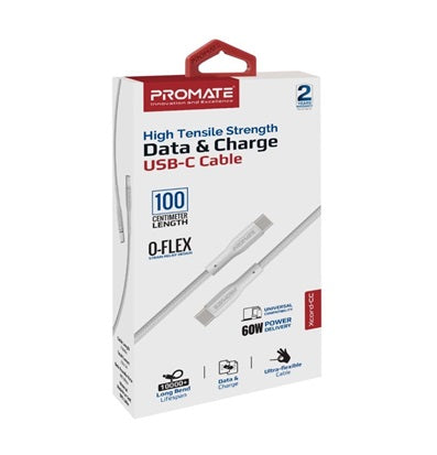 Promate USB-C to USB-C Data & Charge Cable Flex 1m White