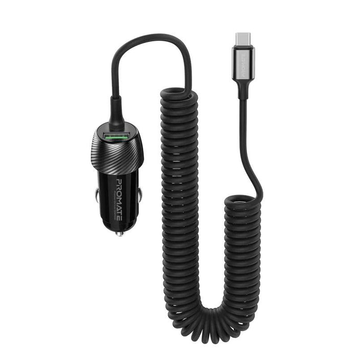 Promate Car Charger Qualcomm USB-A & C & USB-C cable Black