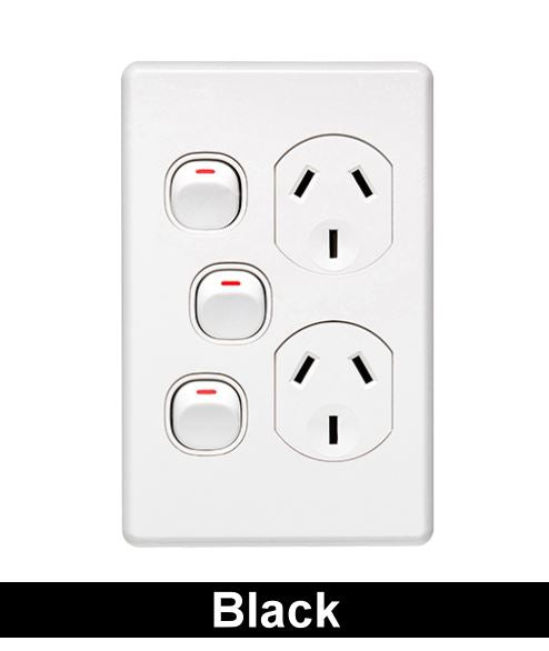 Switched Socket 10A Double 1x Extra Switch Vert Black