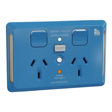 Medilec Sw Socket Dbl 10A (20A for RCD) 10mA Horiz Blue