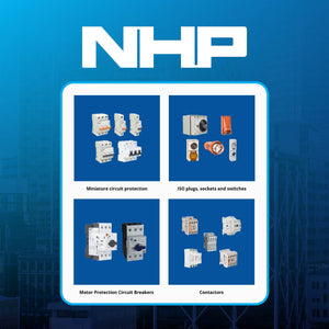 NHP product display with various electrical components on a blue background