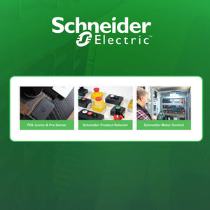 Schneider Electric banner with product images on a green background