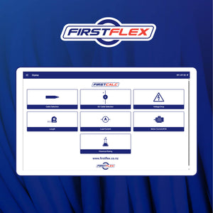 FirstFlex software interface on a blue background with the FirstFlex logo.