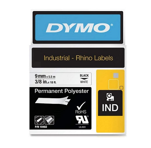Rhino Polyester Label Tape White 9mm x 5.5m