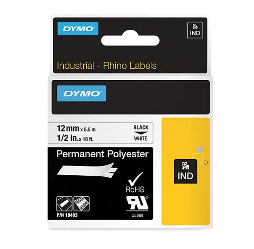 Rhino Polyester Label Tape White 12mm x 5.5m