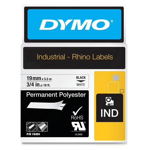 Rhino Polyester Label Tape White 19mm x 5.5m