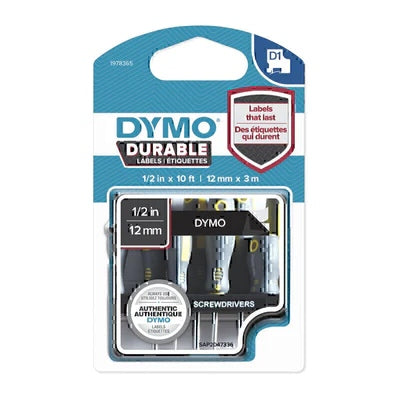 Tape D1 Durable Label 12mm x 3mm White/Black