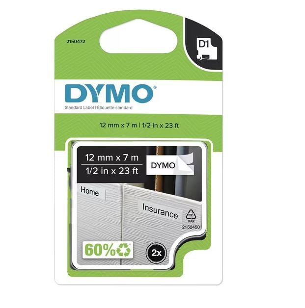 Tape D1 12mm Black/White (7m) (2Pack)