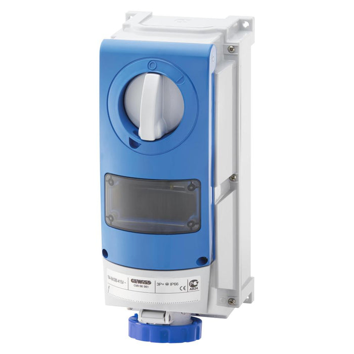 Switched Socket 230V 16A 2P+E H/Duty +Din IP66