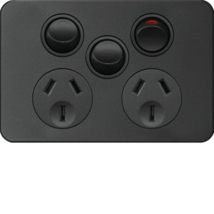 Silhouette Sw Socket Dbl 10A Horiz Shuttered 1 Ext Sw Black