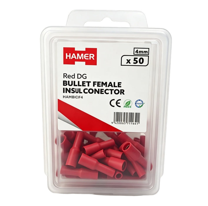 Bullet Female Ins Connector 4mm Red DG (Pkt50)