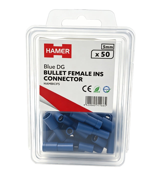 Bullet Female Ins Connector 5mm Blue DG (Pkt50)