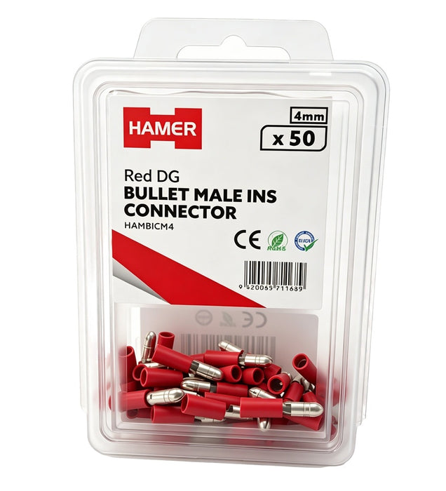 Bullet Male Ins Connector 4mm Red DG (Pkt50)