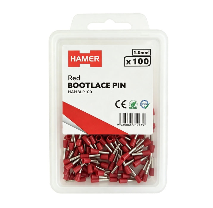 Bootlace Pin 1.0mm2 Red (Pkt 100)