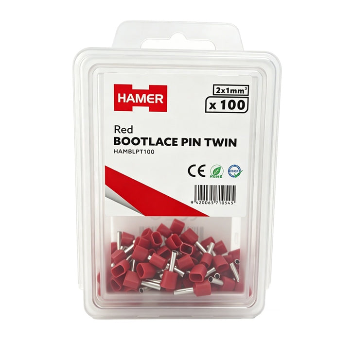 Bootlace Pin Twin 2x1mm2 Red (Pkt 100)