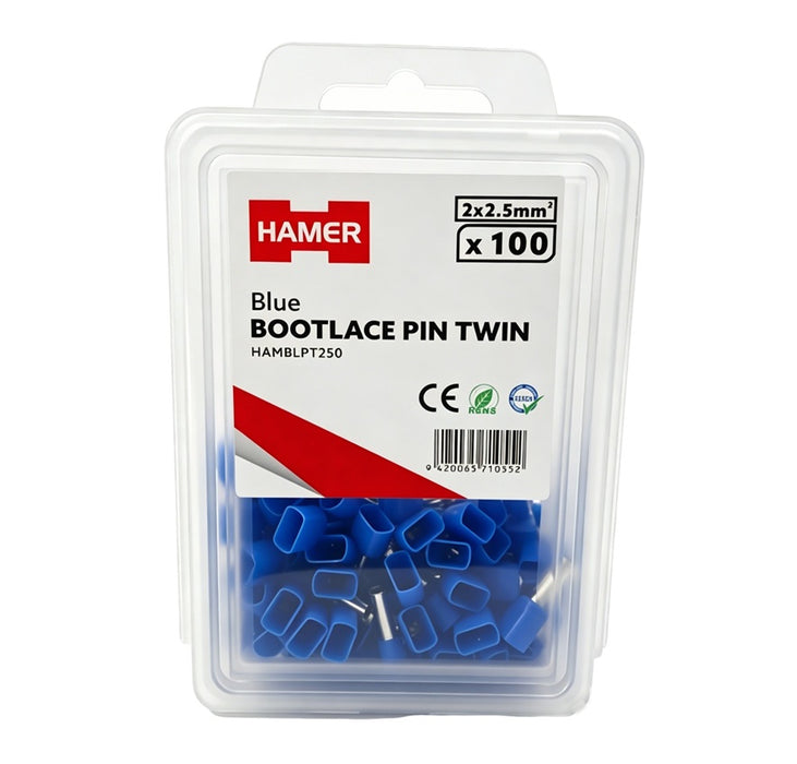 Bootlace Pin Twin 2x2.5mm2 Blue (Pkt 100)