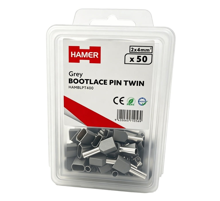 Bootlace Pin Twin 2x4mm2 Grey (Pkt 50)