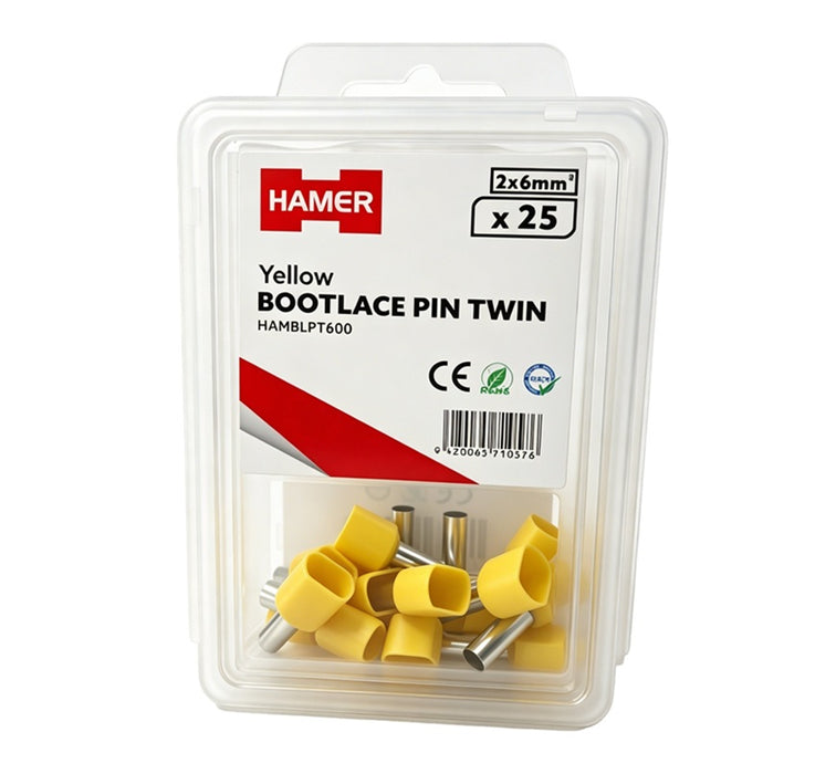 Bootlace Pin Twin 2x6mm2 Yellow (Pkt 25)