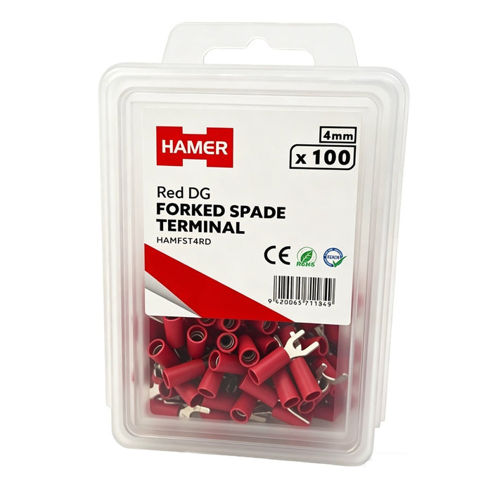 Forked Spade Terminal 4mm Red DG (Pkt100)