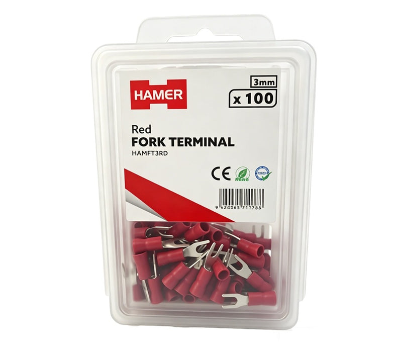 Fork Terminal 3mm Red (Pkt 100)
